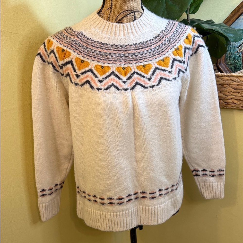 Kari Traa Wool Sundve Knit Sweater with Pink & Mustard Accents Large Nordic
